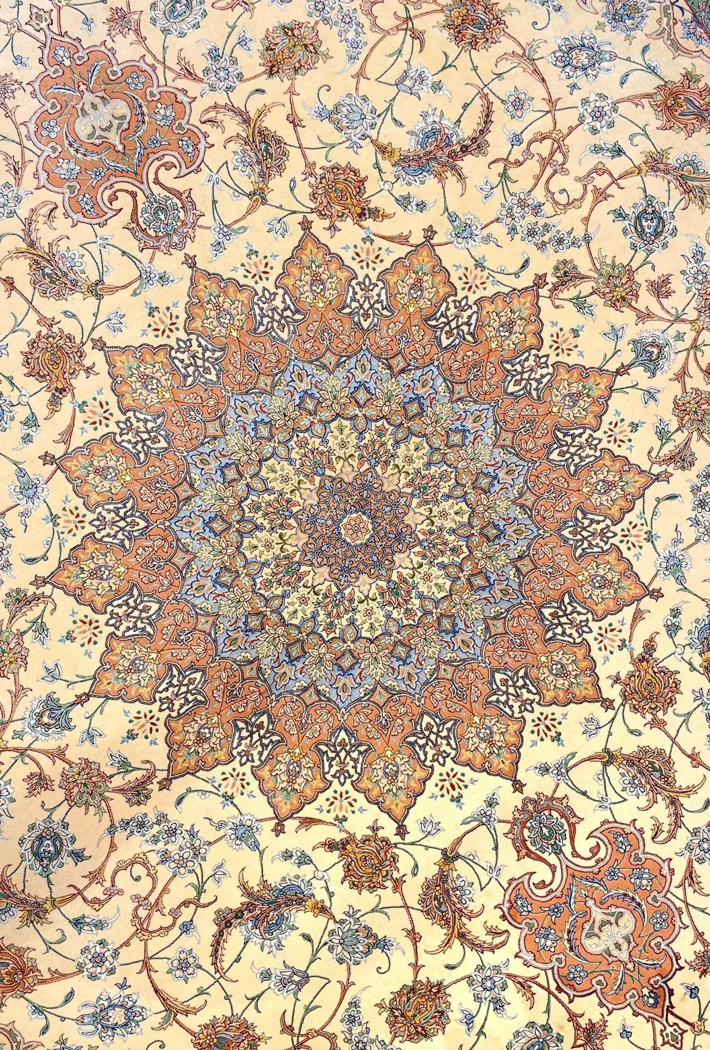 "Elegant Isfahan Persian carpet with silk floral patterns, traditional artistry"
